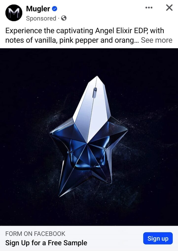 Mugler Angel Perfume samples ad on Facebook