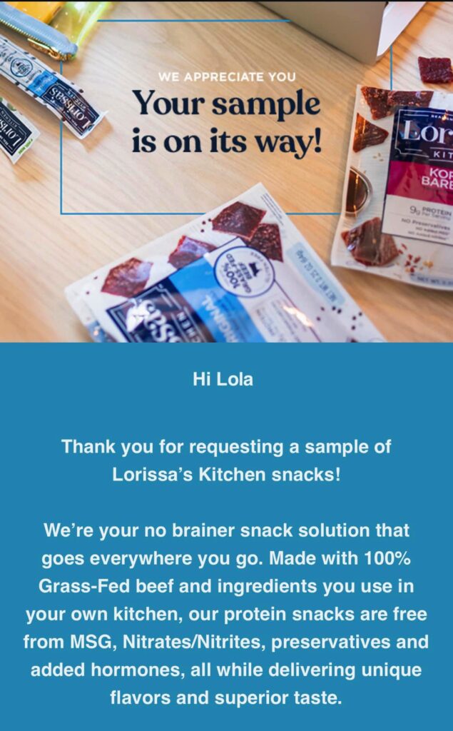 Lorissa's Kitchen Beef Stick sample Send me A Sample US