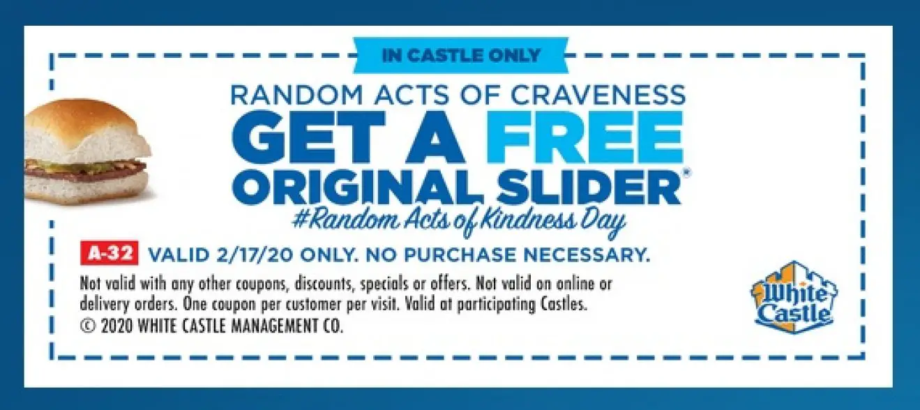 FREE Original Slider White Castle on Feb 17th, 2020 (with coupon