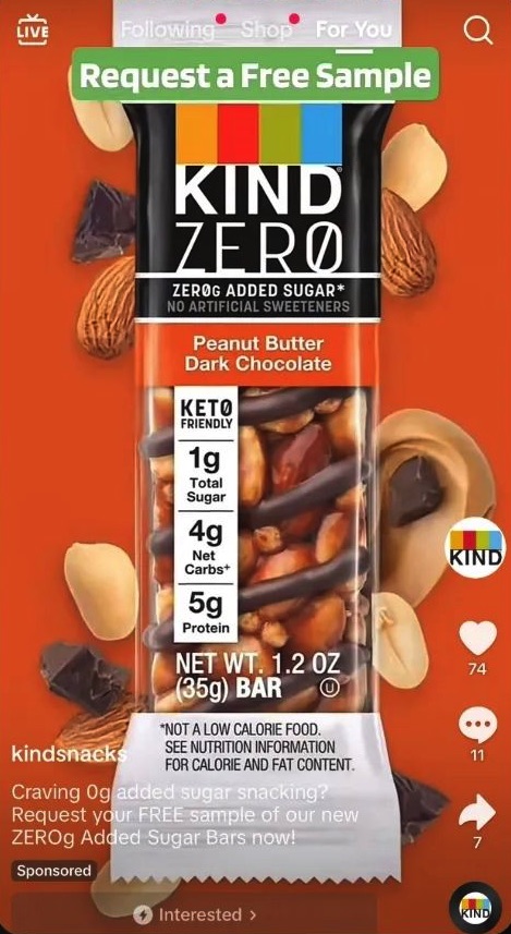 KIND Zero Bar sample ad on TikTok