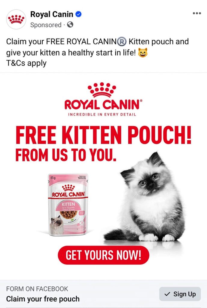 Royal Canin Kitten Food sample box ad facebook