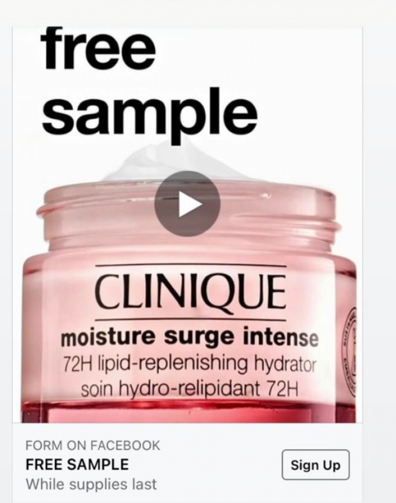 Advert offering FREE Clinique Moisture Surge samples by mail