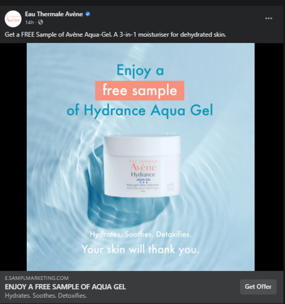 get your free avene aqua gel samples by mail in the uk thru a facebook advert