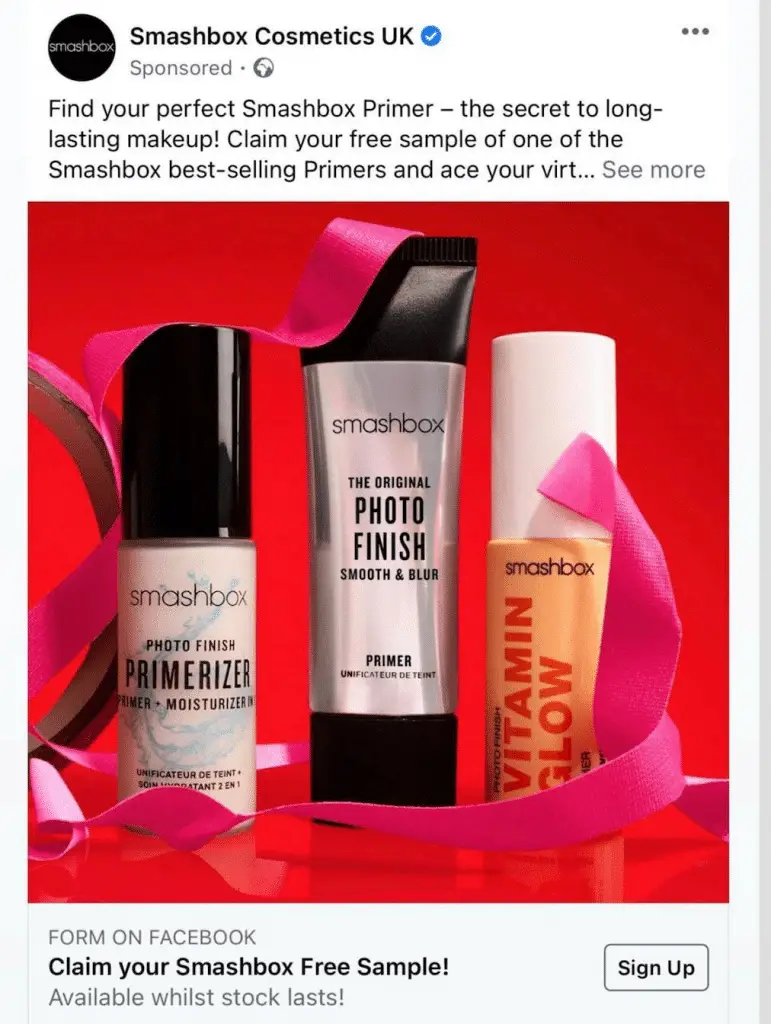 Sponsored advert on Facebook to get FREE Smashbox Primer sample