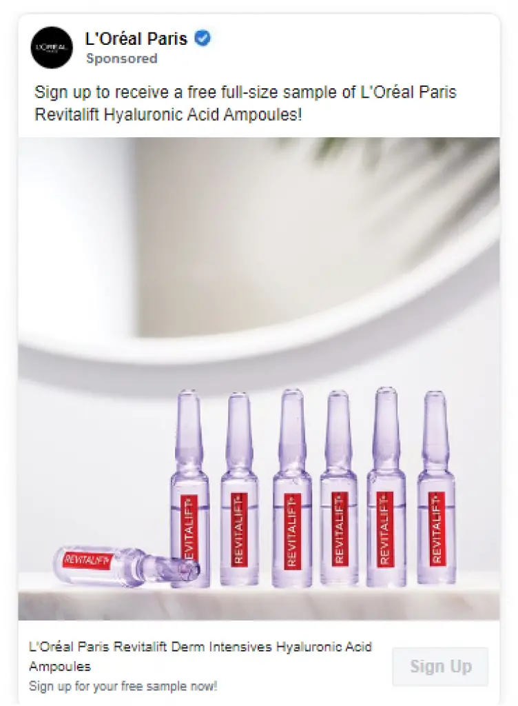 free l'Oreal Revitalift ampoules samples thru an advert on social media