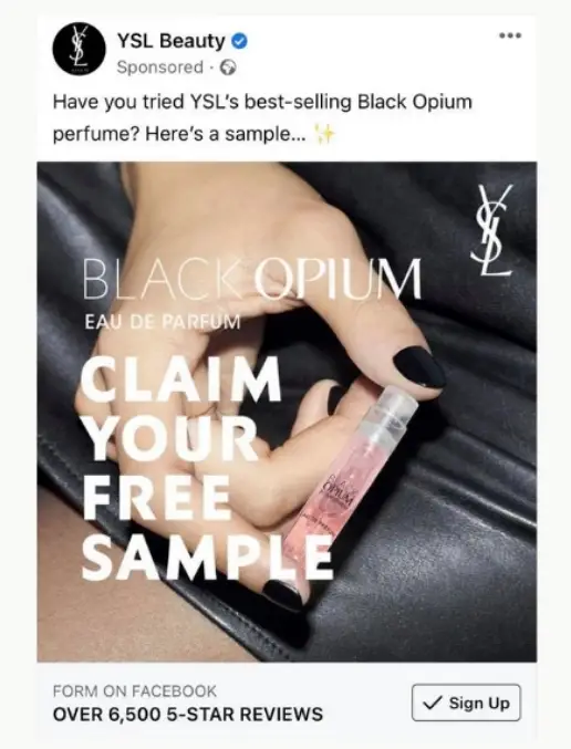 FREE Yves Saint Laurent Black Opium Perfume samples through a sponsored Facebook / Instagram advert