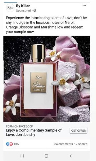 free Kilian Love perfume sample advert on FB