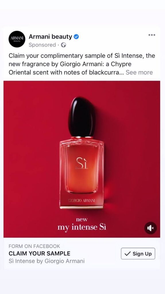 Free Armani Si Intense Perfume sample thru a new post