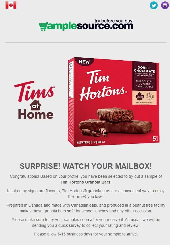 Tim Hortons Granola Bars Sample SampleSource Canada