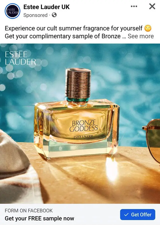 Estee Lauder Bronze Goddess sample ad facebook