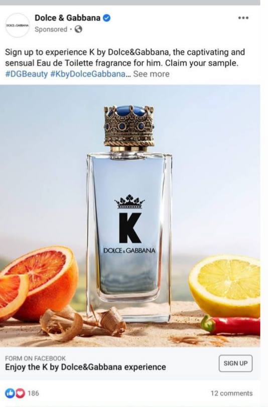 dolce & gabanna K perfume sample facebook