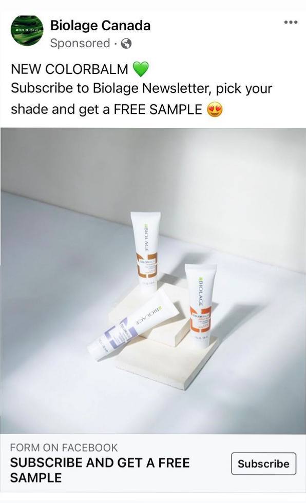 free biolage colorbalm sample advert on Facebook