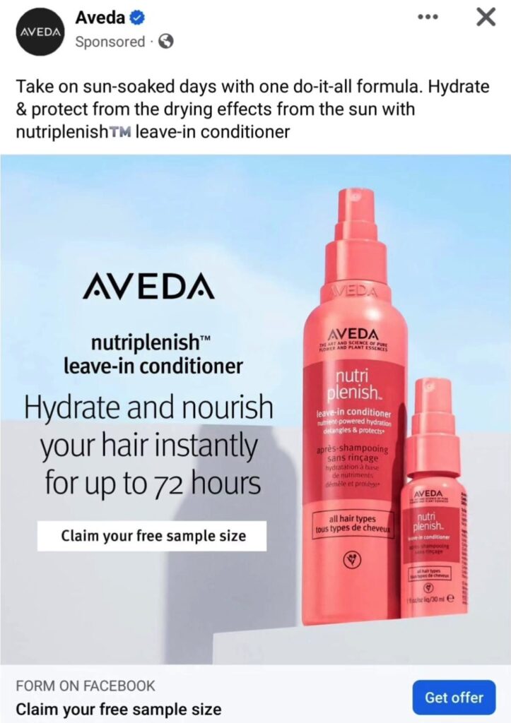 Aveda Nutriplenish Leave-In Conditioner sample ad facebook
