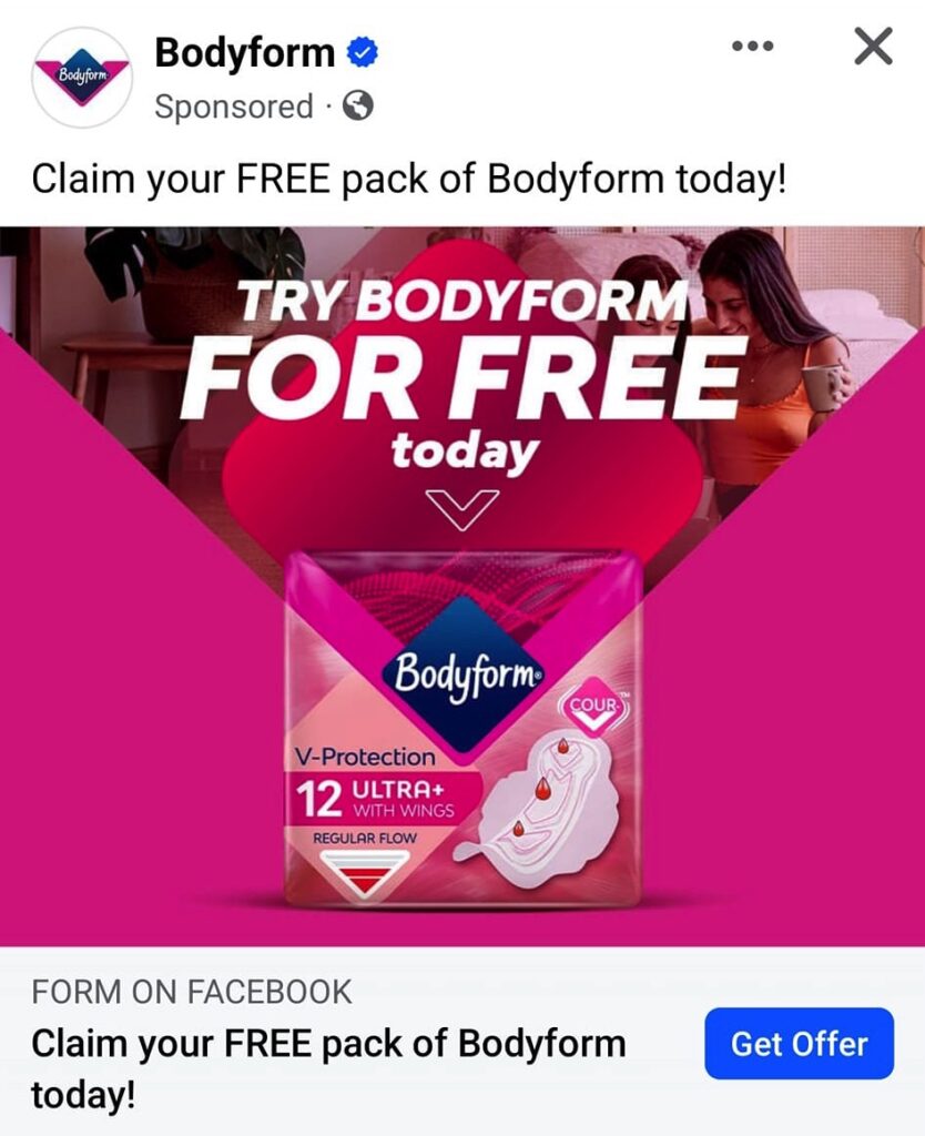 Bodyform sample pack ad on Facebook