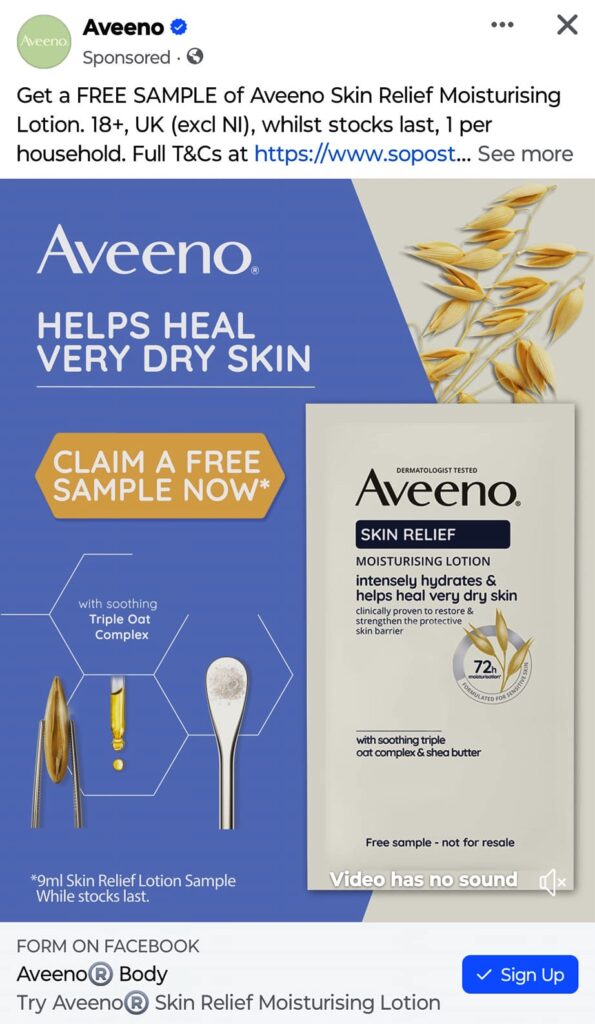 Aveeno Moisturising Body Lotion sample skin relief ad on Facebook