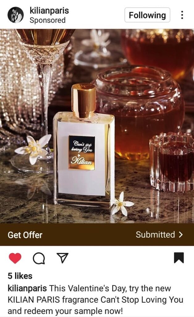 Kilian Can't Stop Loving You perfume sample ad Instagram