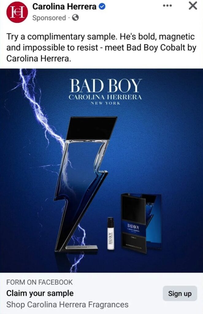 Carolina Herrera Bad Boy Cologne sample COBALT ad