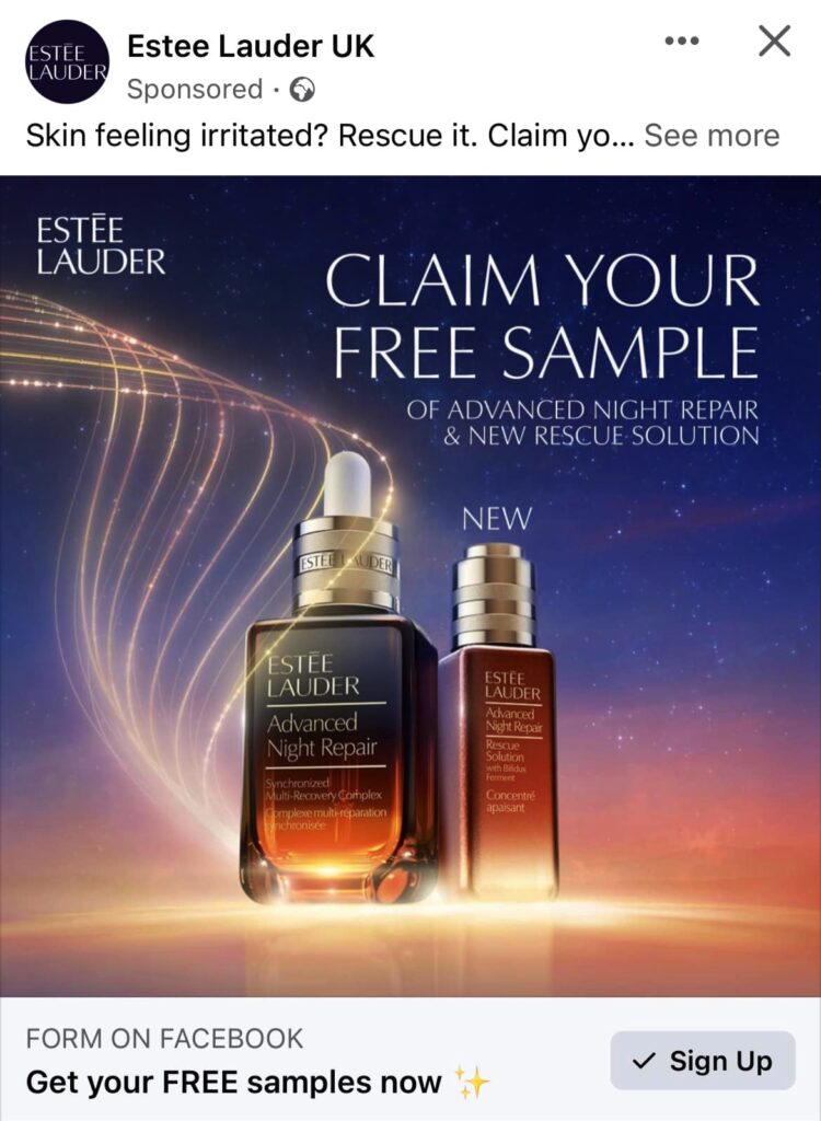 Estee Lauder advanced night repair serum sample ad facebook