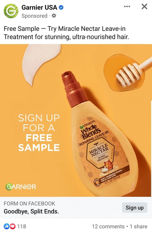 Garnier Whole Blends Nectar Treatment samples ad