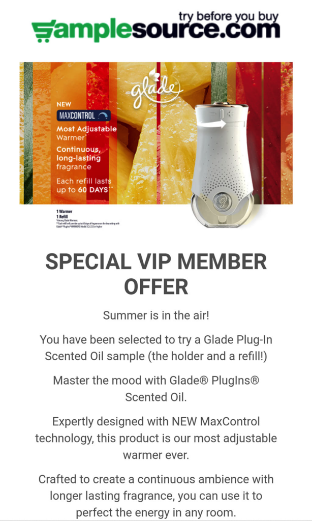 Free Glade PlugIns Scented Oil with Sample Source