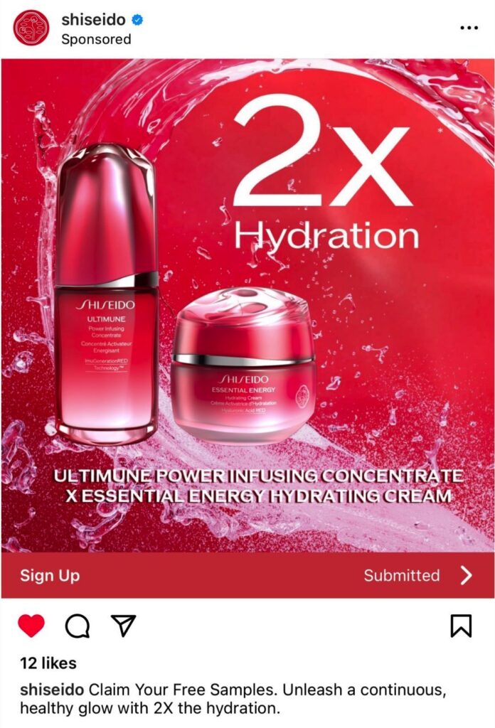 Shiseido Skincare samples ad instagram