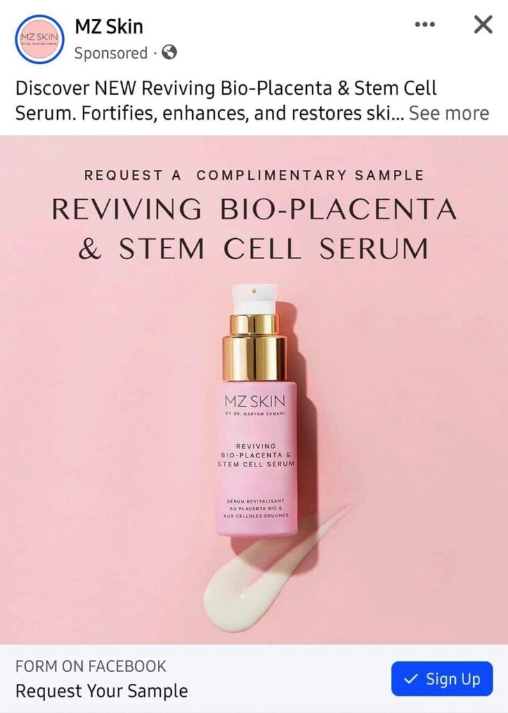 MZ Skin Reviving Bio Placenta & Stem Cell Serum sample ad on Facebook