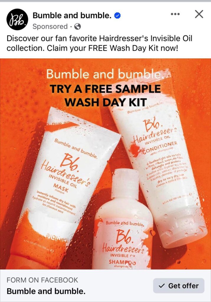 Bumble and Bumble Shampoo & Conditioner sample ad facebook