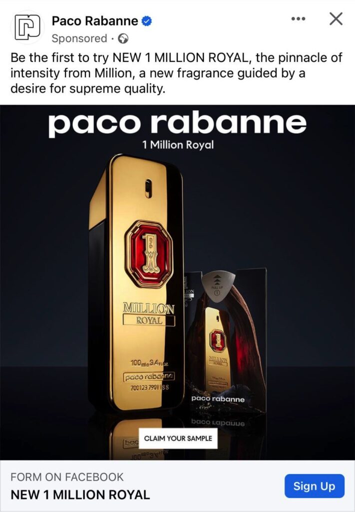 Paco Rabanne 1 Million sample ad facebook royal
