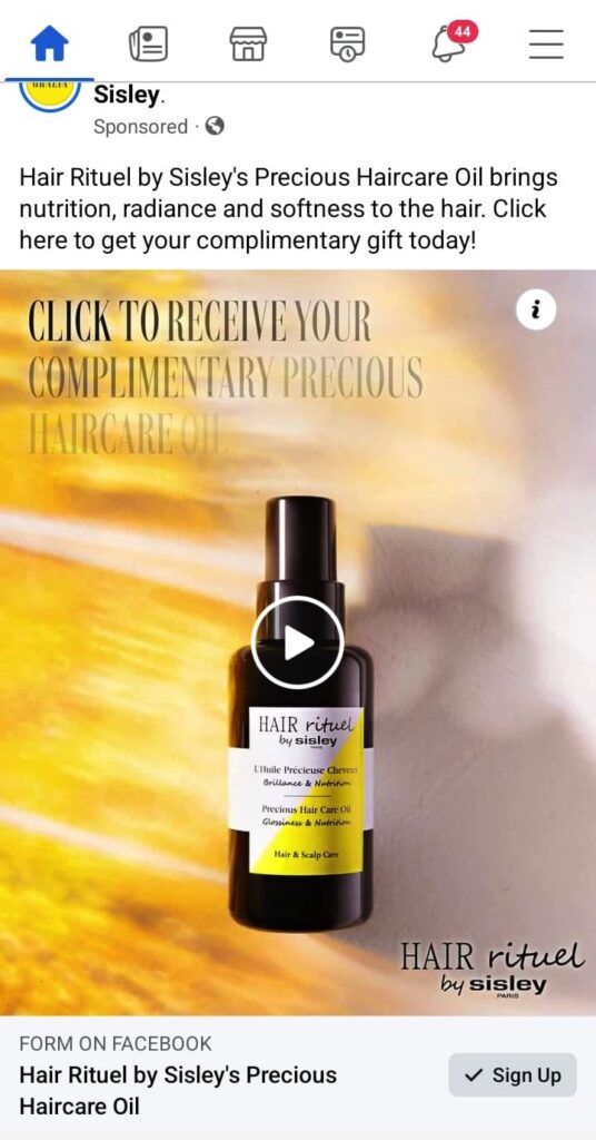 Sisley Hair Oil sample facebook advert 