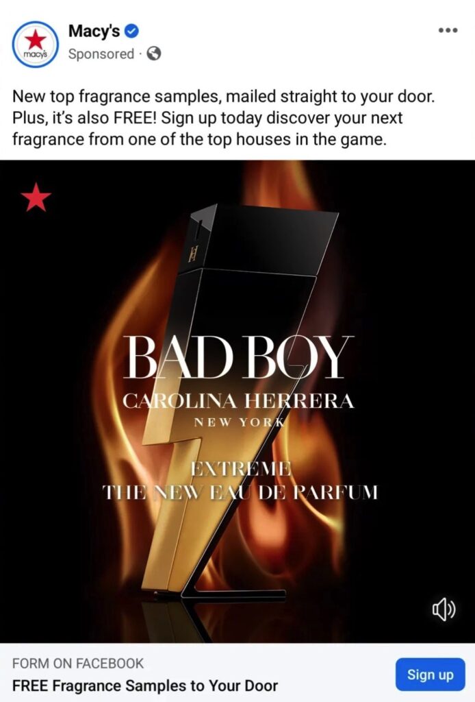 Carolina Herrera Bad Boy sample ad facebook macys