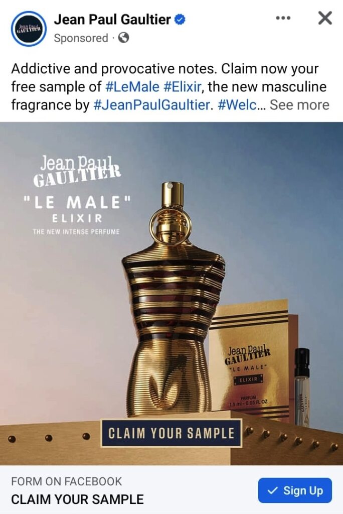 Jean Paul Gaultier Le Male Elixir sample ad facebook