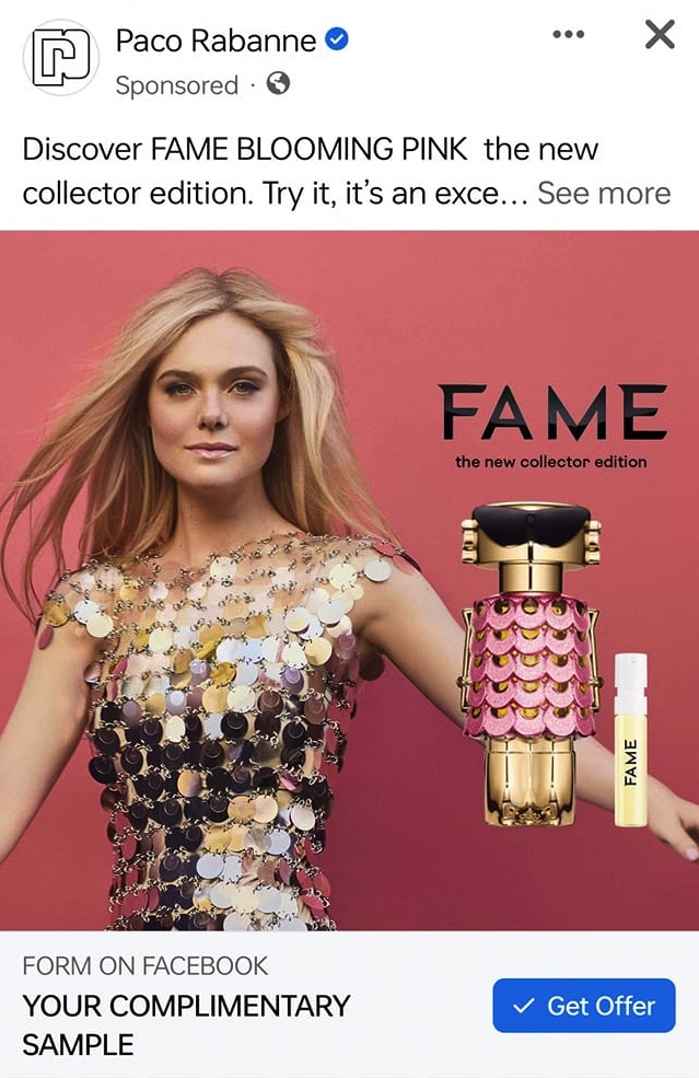 Paco Rabanne Fame perfume sample ad facebook