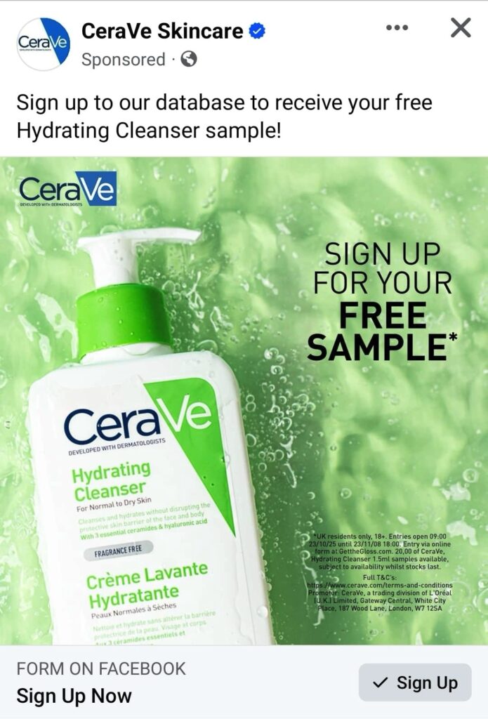 CeraVe Hydarating Cleanser sample ad facebook