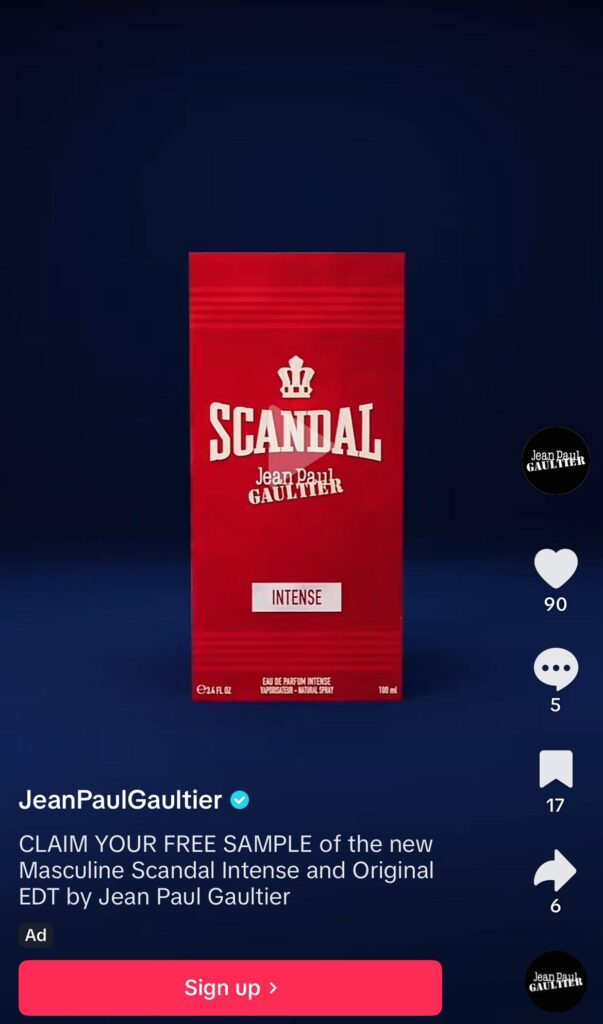 Jean Paul Gaultier Scandal Perfume samples ad on tiktok