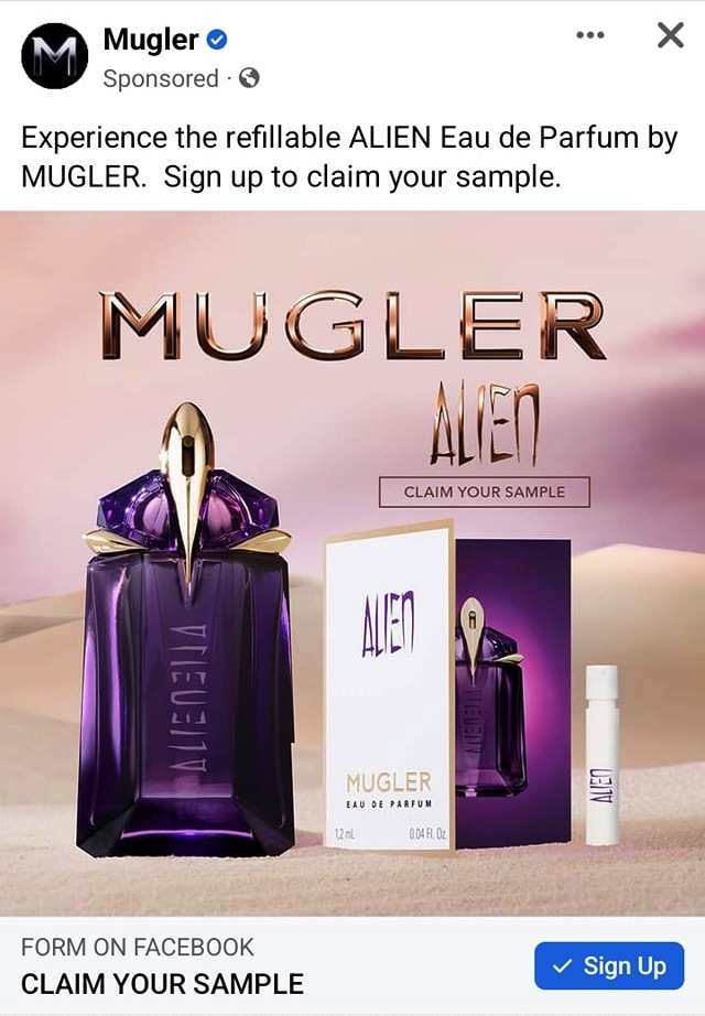 Mugler Alien perfume sample ad facebook