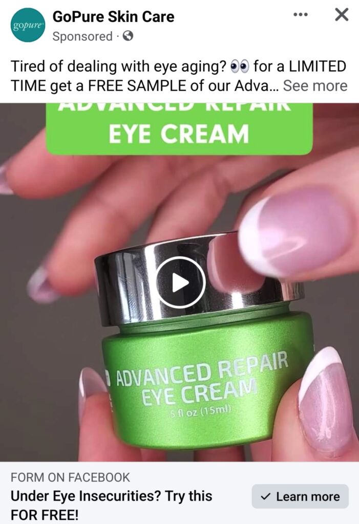 GoPure Eye Cream sample ad facebook