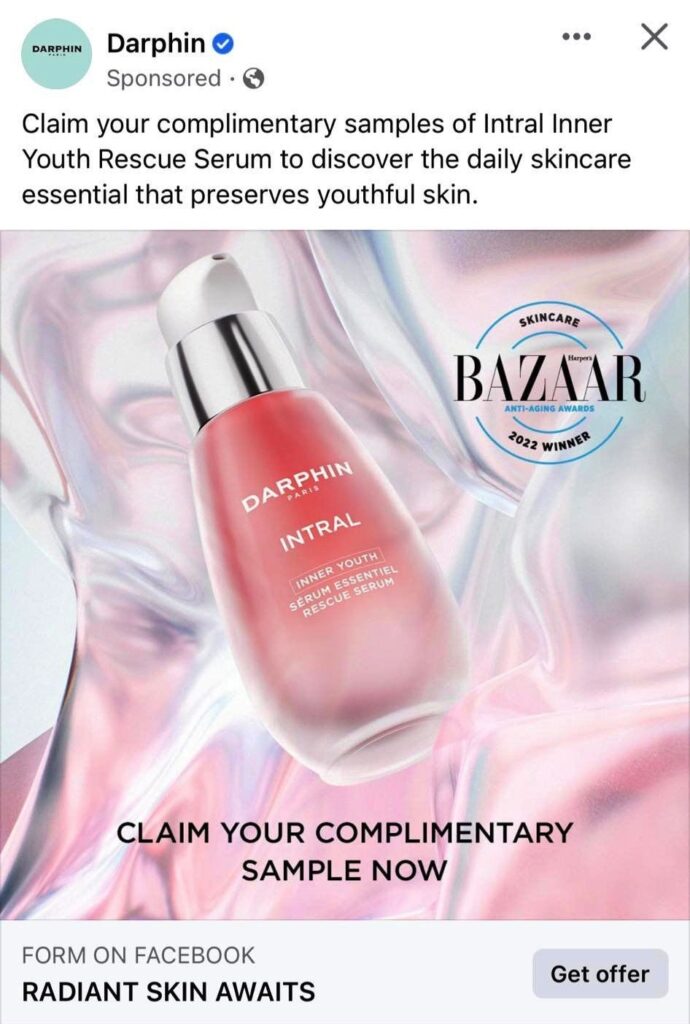 Darphin Intral Inner Youth Rescue serum sample ad facebook
