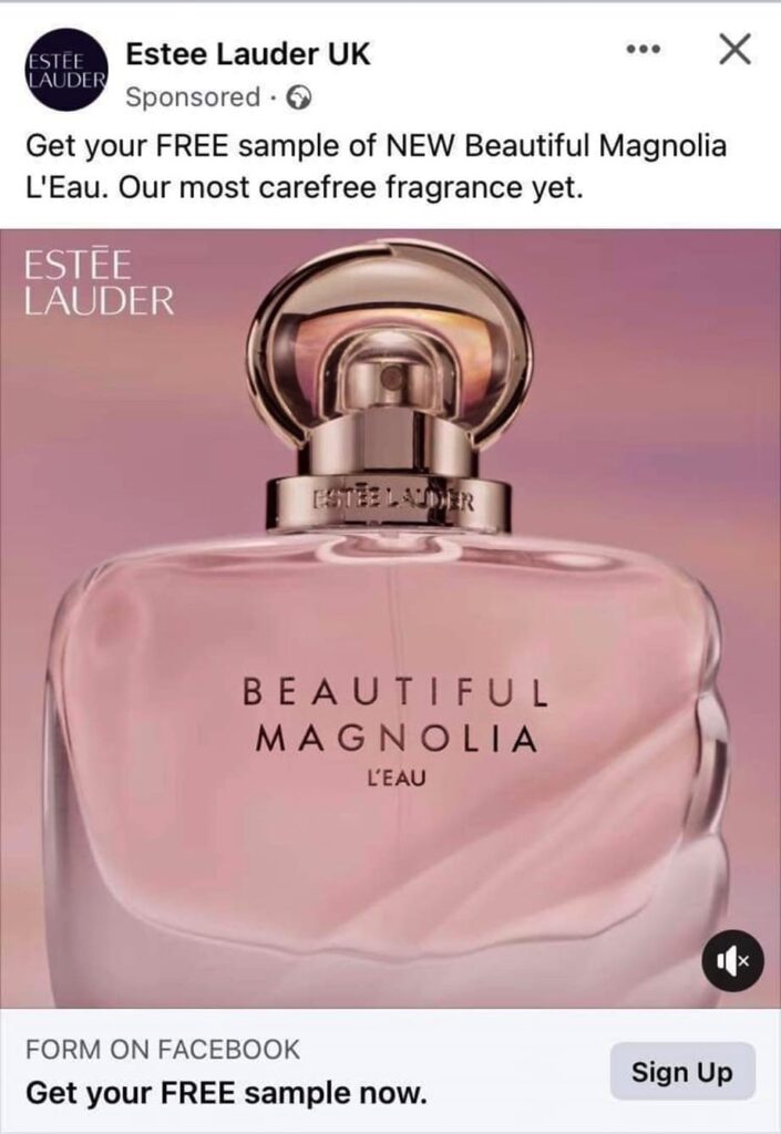 Estee Lauder Beautiful Magnolia Perfume sample ad facebook