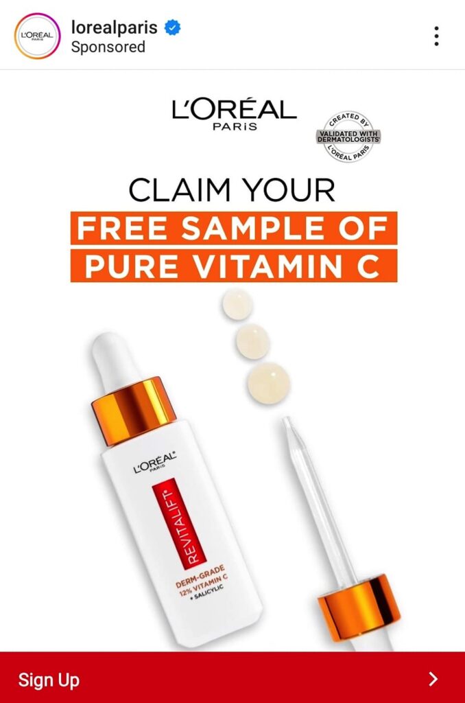 L'Oréal Vitamin C Serum sample ad instagram