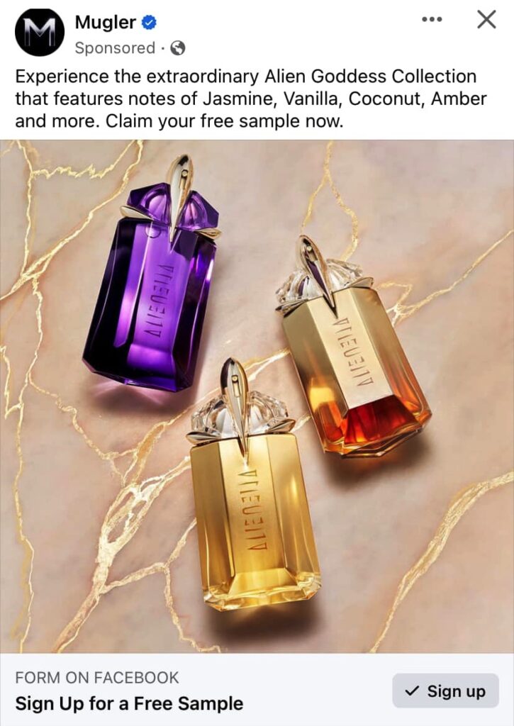 Mugler Alien Goddess Fragrance sample ad facebook