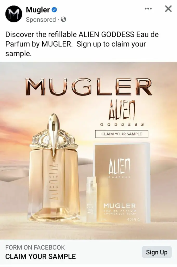 Mugler Alien Goddess perfume sample ad facebook