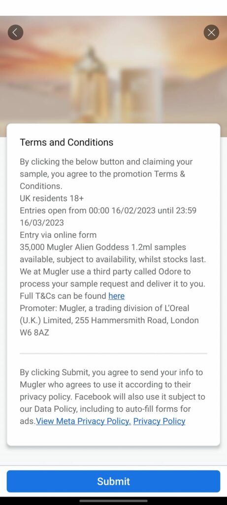 Mugler Alien Goddess perfume sample ad facebook