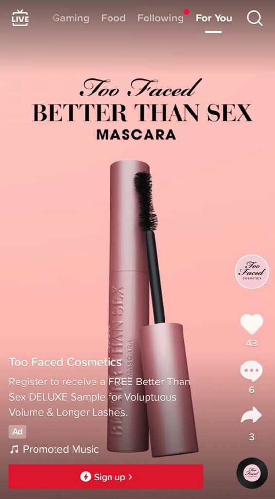 Too Faced Better Than Sex Mascara sample ad tiktok