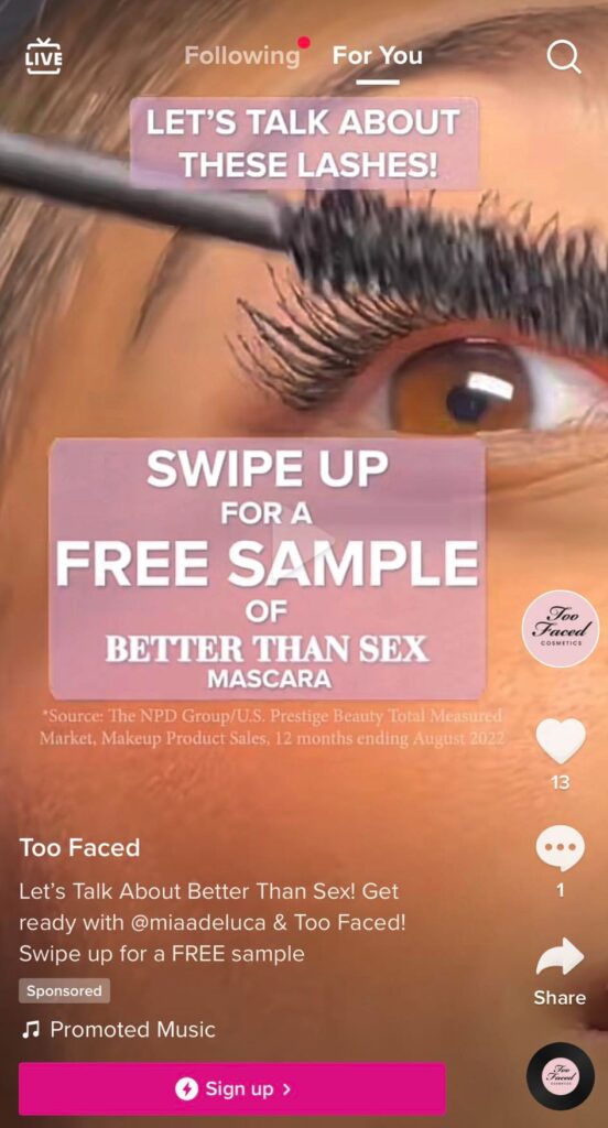 Too Faced Mascara Sample ad tiktok