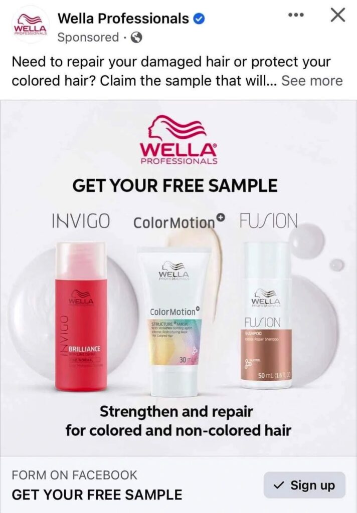 Wella Hair Care Products samples ad facebook