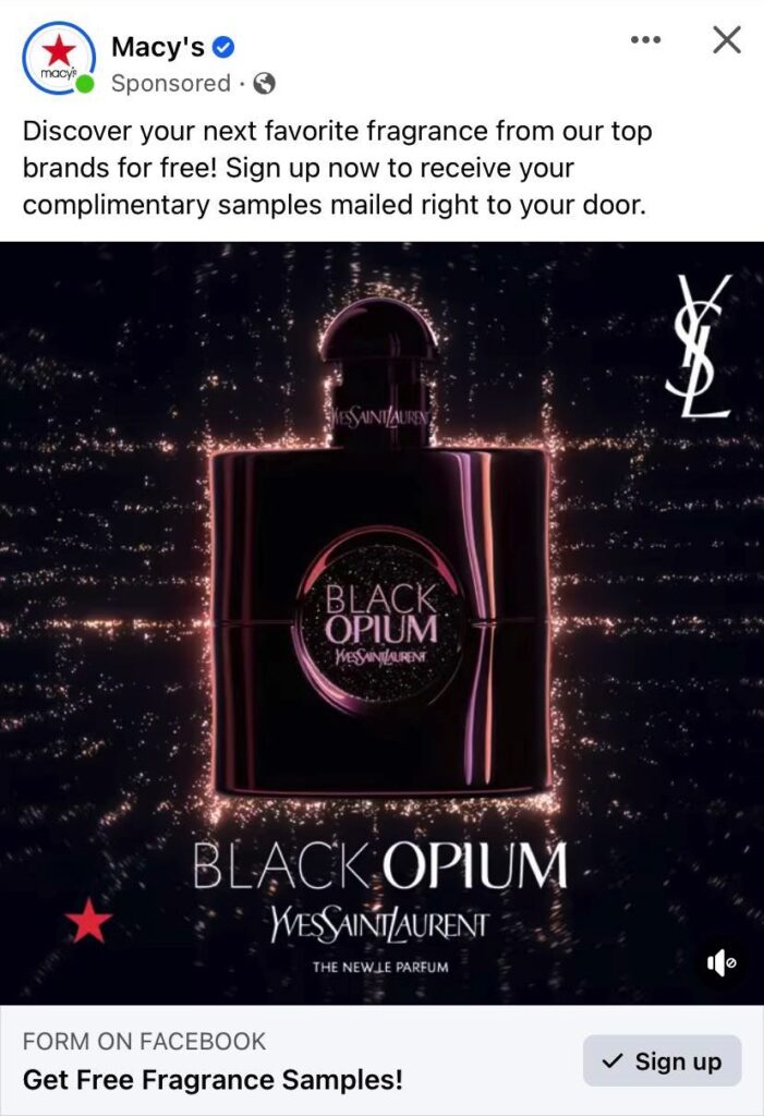 YSL Black Opium sample facebook ad macys