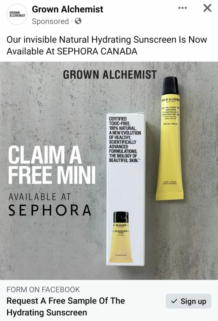 grown alchemist sunscreen sample ad facebook