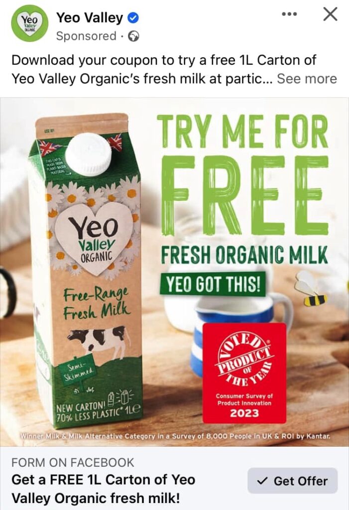 Free Yeo Valley Organic Milk coupon ad