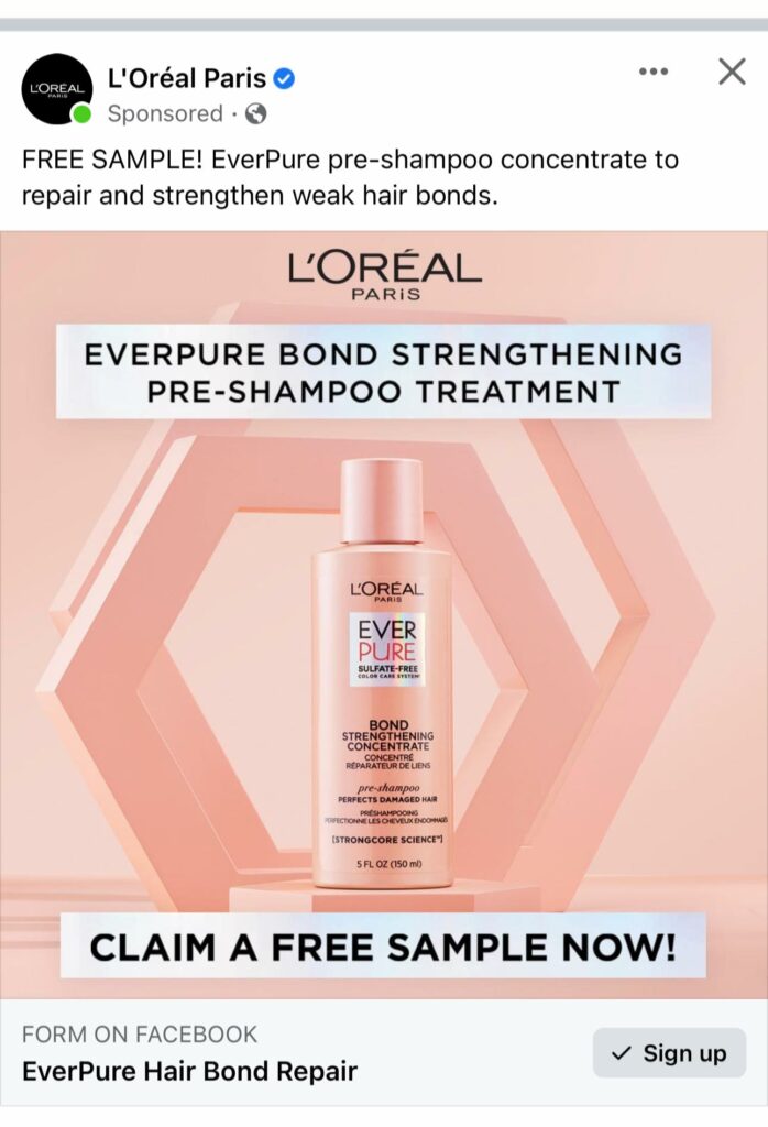 L'Oréal EverPure Treatment sample ad facebook
