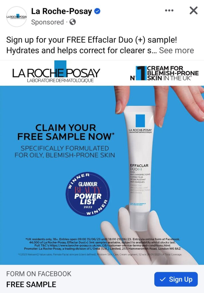 La Roche Posay Effaclar Duo + sample ad Facebook